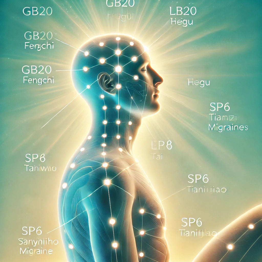 relaxed position with acupuncture points labeled for treating visual migraines